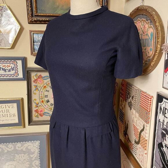 60s Vintage Blue Wool Short Sleeve Mod Style Dress With Drop Waist Size L - Picture 2 of 5